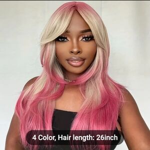 NEW LONG HAIR LAYERED CHAMPAGNE / HOT PINK HIGHLIGHTS WITH BANGS LENGTH 26" LONG